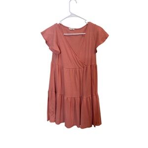 See‎ You Monday Dress Womens Large Pink Ribbed Knit Tiered Babydoll V Neck Mini